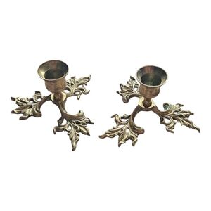 Set Of 2 Vintage Brass Candle Holders Candlesticks Leaves Marked Japan